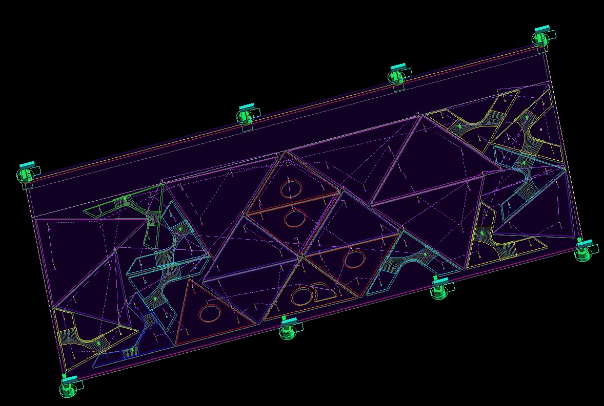 2D toolpaths for triangular and curved parts nested on a sheet, with hold-down positions around the edge
