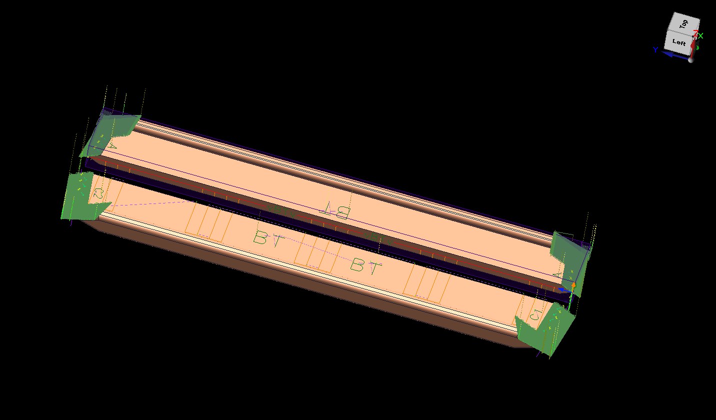 3D toolpaths programmed on a long wooden strut with angled end cuts