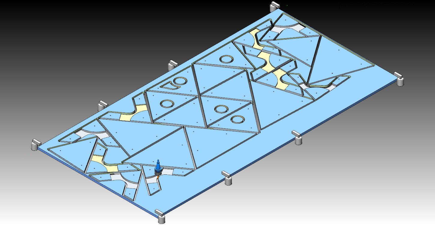 Machine simulation of the nested sheet being cut, showing the tool and finished part outlines
